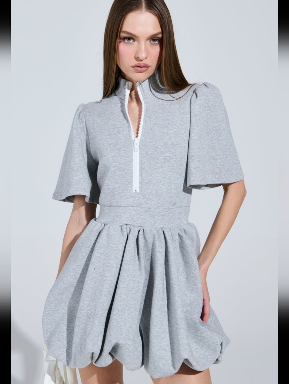 AKIRA Heather Gray Zip-Front Puff Mini Dress